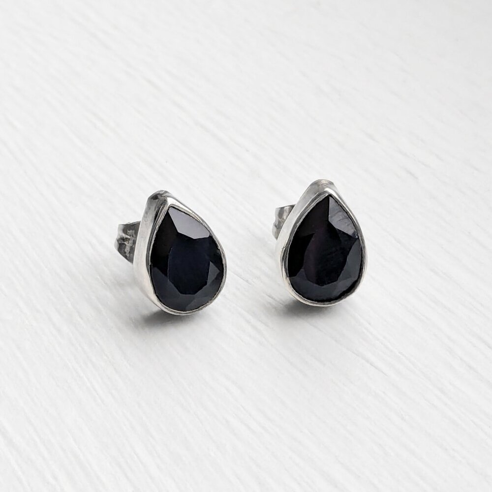 Faceted Obsidian and 925 Sterling Silver Gothic Black Tear Drop Stud Earrings